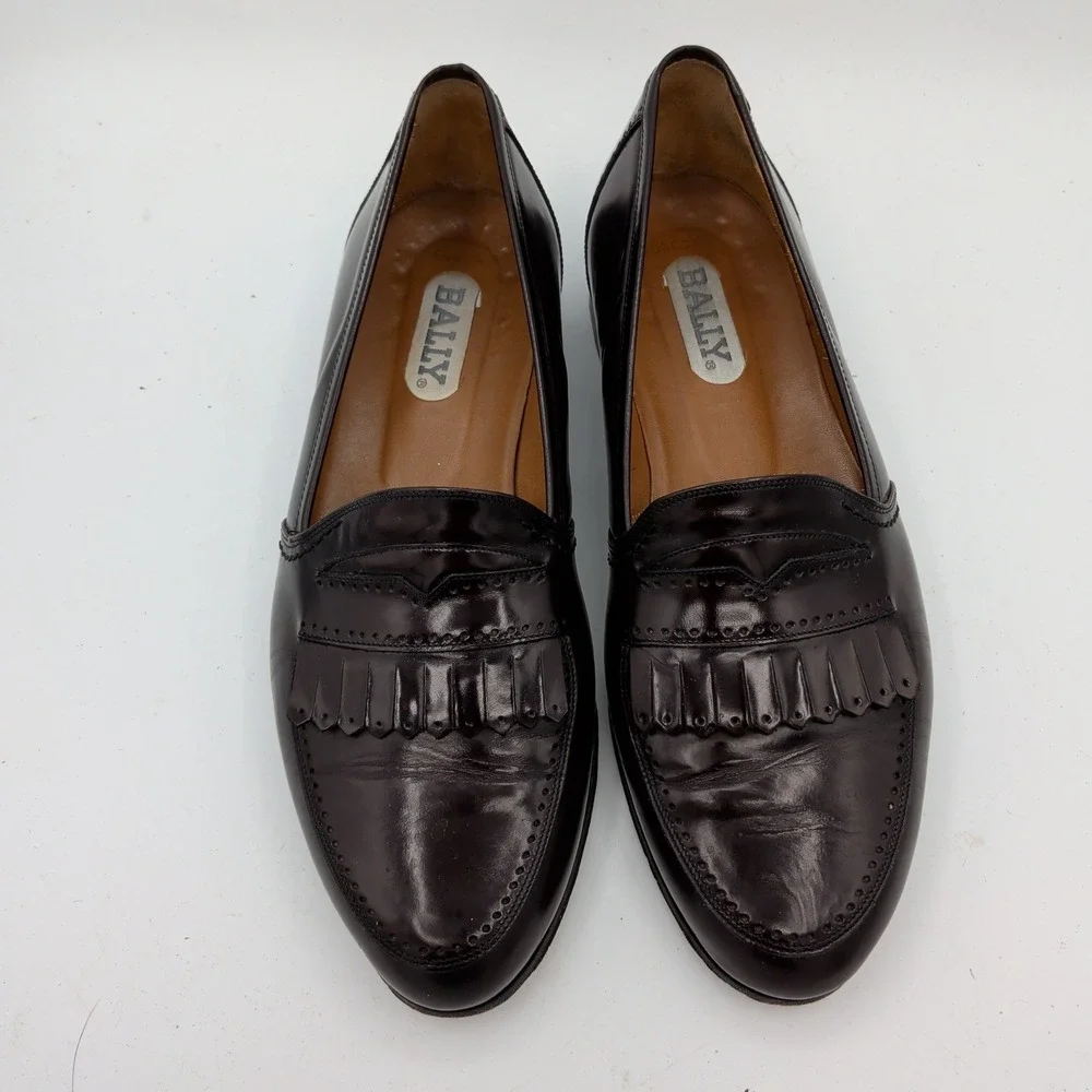 Bally Kiltie Penny Loafers Mens Burgundy Leather Fringe Made in Italy Size 10D